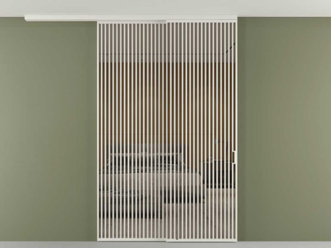 Перегородка Формато вдоль стены на потолок 2 створки с синхронным механизмом АЛПР 040.06 Алюминий серый Рефлективное бронзовое стекло "Стопсол", калёное Цена 24150 AZE | Volhovec