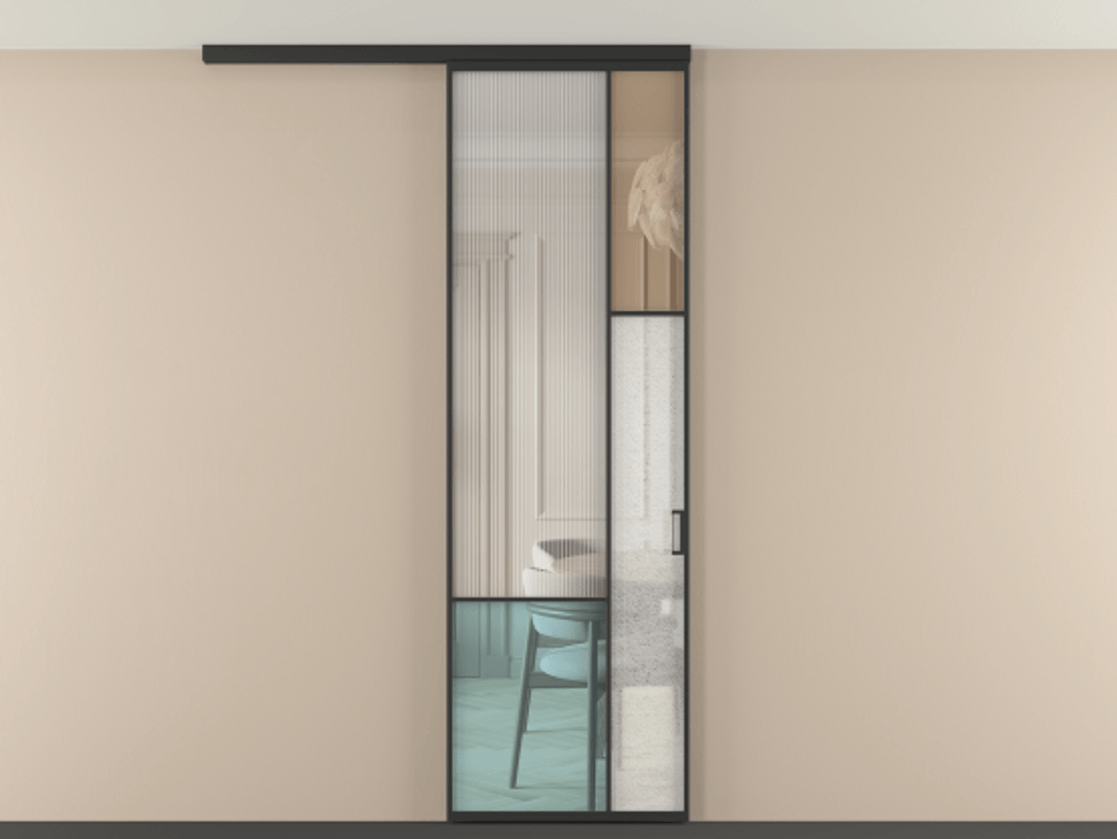 Перегородка Mosaic вдоль стены на потолок 1 створка АЛПР 041.12 Алюминий Черный Комбинация стекол Группы 1 и Группы 3 Цена 135560 ₽ | Volhovec