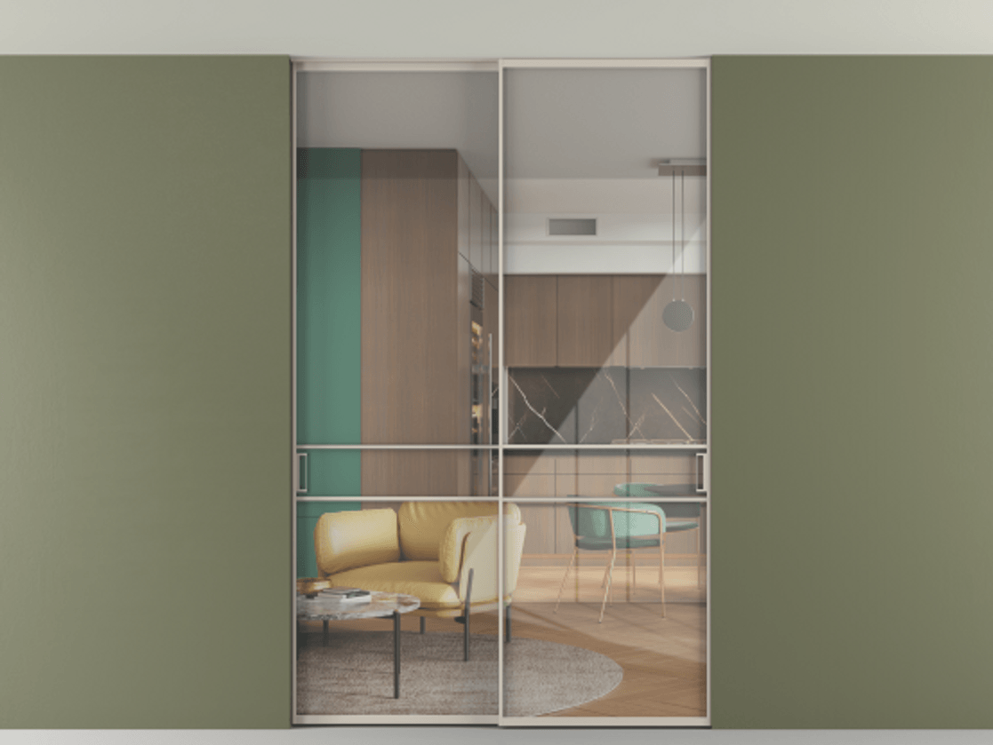 Перегородка Формато внутри проёма скрытое крепление в потолок 2 створки АЛПР 040.02 Алюминий светло-бежевый Рефлективное прозрачное стекло "Стопсол", калёное Цена 15930 AZE | Volhovec