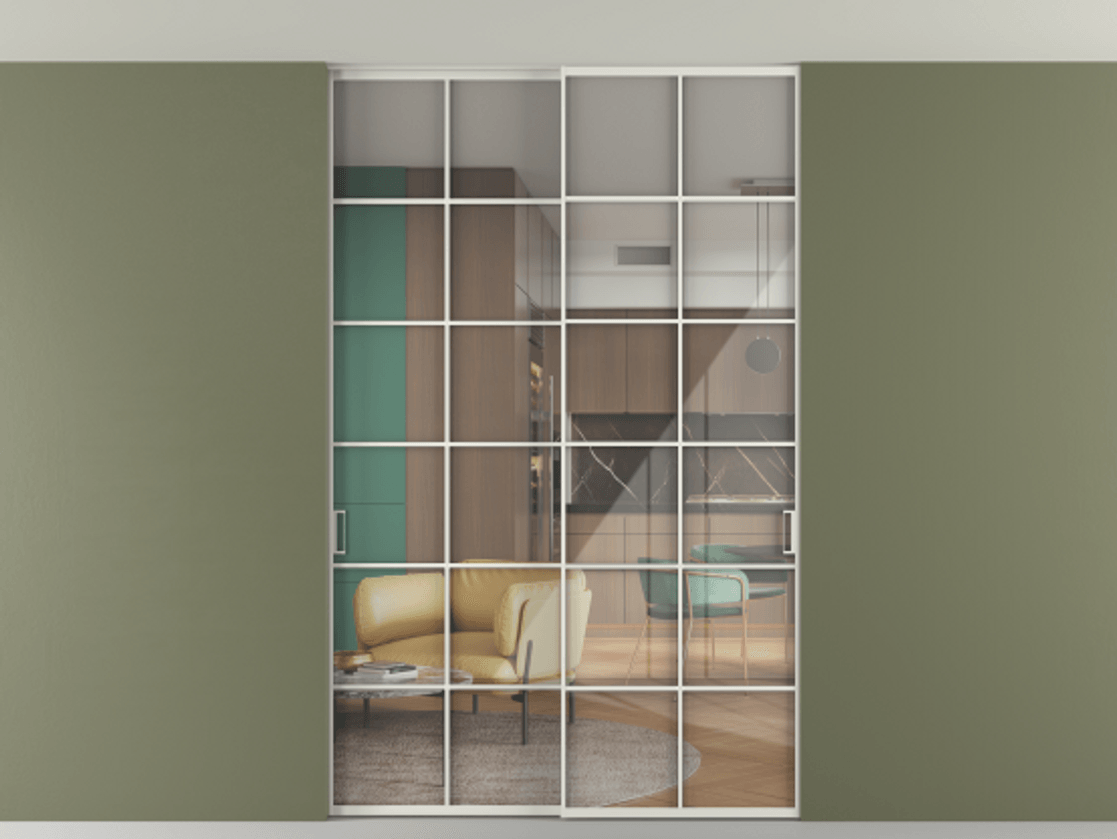 Перегородка Formato внутри проёма скрытое крепление в потолок 2 створки АЛПР 040.05 Алюминий серый Рефлективное прозрачное стекло "Stopsol", калёное Цена 16820 AZE | Volhovec