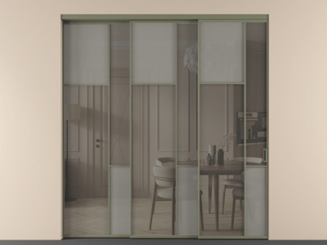 Перегородка Mosaic внутри проёма 3 створки с синхронным механизмом АЛПР 041.10 Алюминий оливковый тёмный Сатинированное серое стекло, триплекс, 6 мм + Прозрачное серое стекло, триплекс Цена 22800 AZE | Volhovec