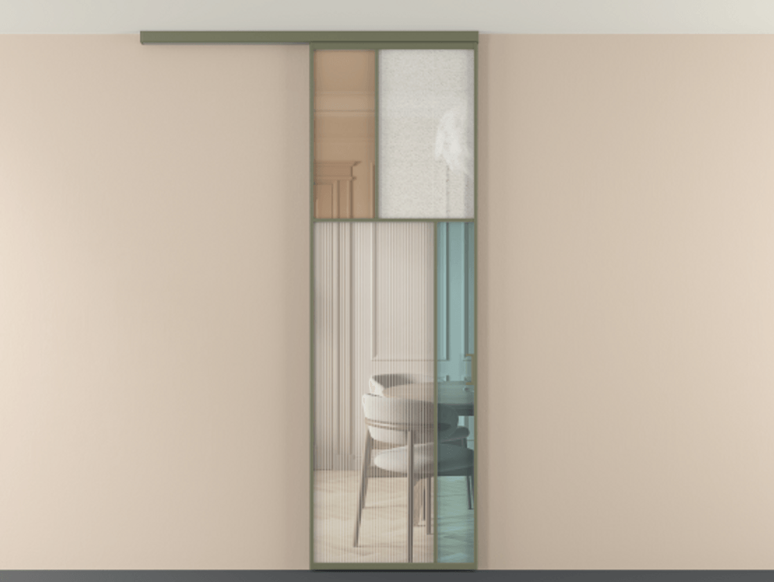 Перегородка Mosaic вдоль стены на потолок 1 створка АЛПР 041.23 Алюминий оливковый тёмный Комбинация стекол Группы 1 и Группы 3 Цена 7400 AZE | Volhovec