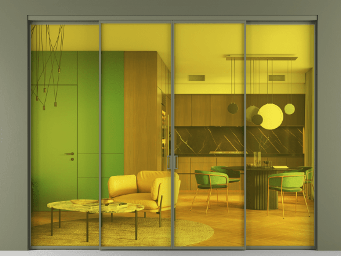 Перегородка Формато внутри проёма 4 створки АЛПР 040.01 Алюминий оливковый тёмный Прозрачное жёлтое стекло, триплекс Цена 19600 AZE  | Volhovec