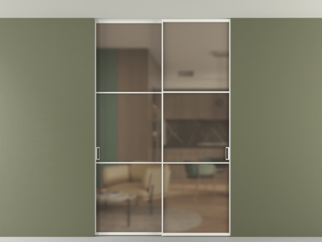 Перегородка Formato внутри проёма скрытое крепление в потолок 2 створки АЛПР 040.03 Алюминий светло-серый Сатинированное бронзовое стекло, триплекс Цена 12940 AZE | Volhovec