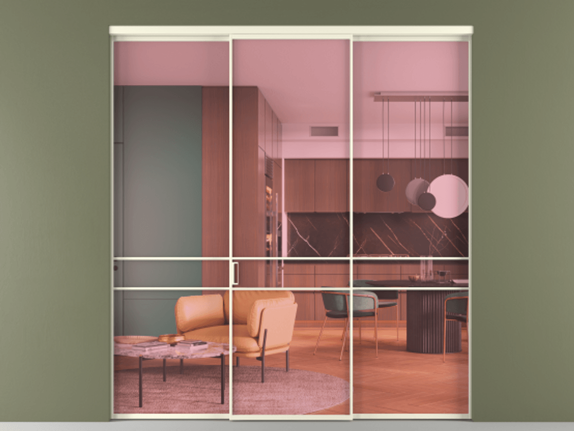 Перегородка Formato внутри проёма 3 створки АЛПР 040.02 Алюминий молочно-белый Прозрачное розовое стекло, триплекс Цена 12400 AZE | Volhovec