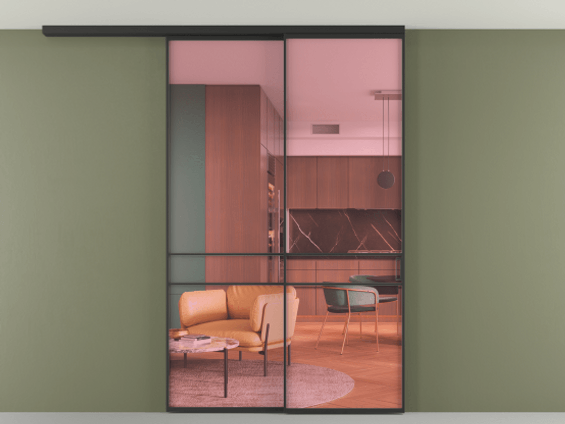 Перегородка Formato вдоль стены на потолок 2 створки с синхронным механизмом АЛПР 040.02 Алюминий Черный Прозрачное розовое стекло, триплекс Цена 13800 AZE | Volhovec