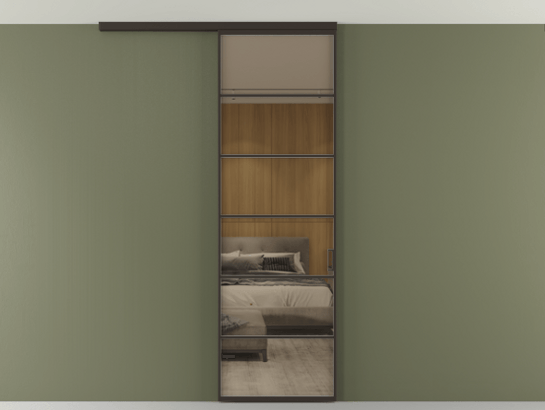 Перегородка Формато вдоль стены на потолок 1 створка АЛПР 040.04 Алюминий антрацит Рефлективное бронзовое стекло "Стопсол", калёное Цена 5960 AZE | Volhovec