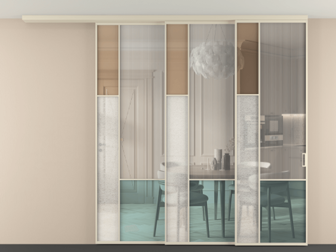 Перегородка Mosaic вдоль стены на потолок 3 створки с синхронным механизмом АЛПР 041.13 Алюминий бежево-серый Комбинация стекол Группы 1 и Группы 3 Цена 26900 AZE | Volhovec