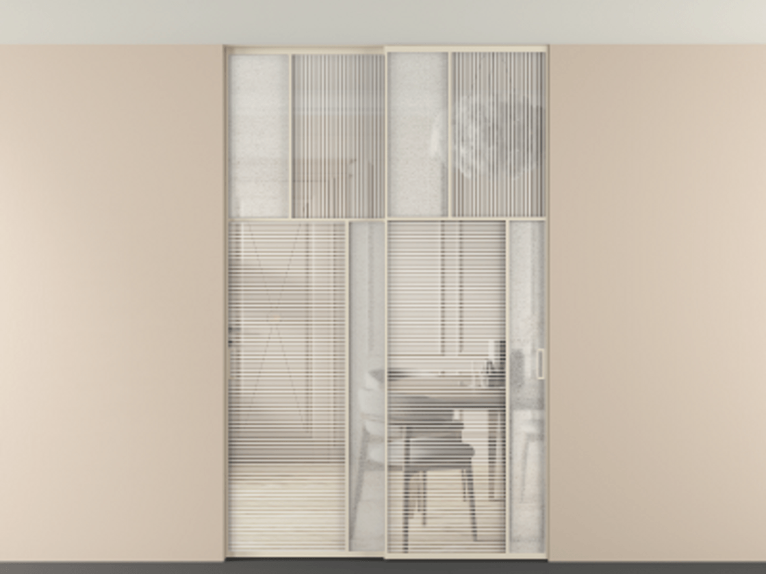Перегородка Мозаик внутри проёма скрытое крепление в потолок 2 створки АЛПР 041.23 Алюминий бежево-серый Рифлёное стекло "Дюна", триплекс, 6 мм + Фактурное стекло "Лёд", триплекс Цена 17750 AZE | Volhovec