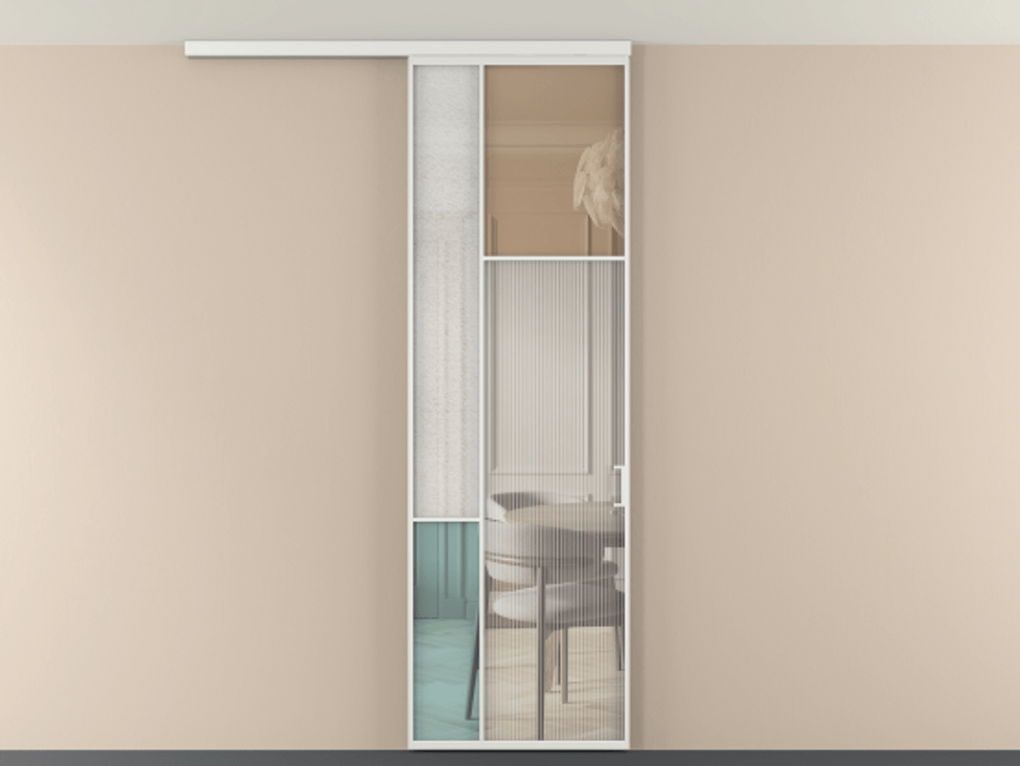 Перегородка Mosaic вдоль стены на потолок 1 створка АЛПР 041.11 Алюминий белоснежный Комбинация стекол Группы 1 и Группы 3 Цена 7400 AZE | Volhovec