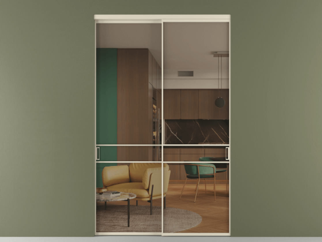 Перегородка Формато внутри проёма 2 створки АЛПР 040.02 Алюминий бежево-серый Прозрачное бронзовое стекло, триплекс Цена 22140 AZE  | Volhovec