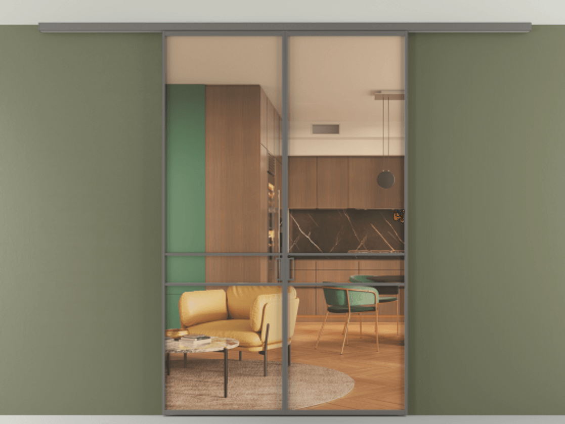 Перегородка Формато вдоль стены на потолок 2 створки АЛПР 040.02 Алюминий классический серый Прозрачное оранжевое стекло, триплекс Цена 9700 AZE | Volhovec