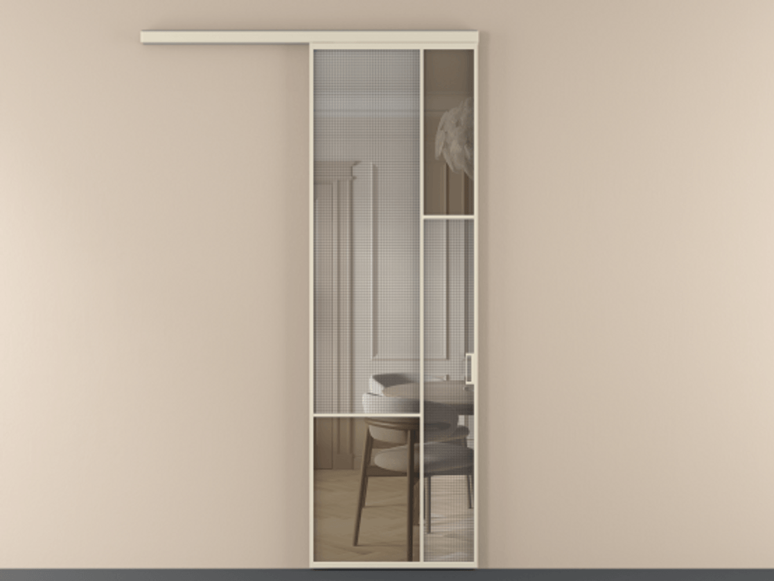 Перегородка Mosaic вдоль стены 1 створка АЛПР 041.12 Алюминий бежево-серый Декоративное стекло с сеткой "Mesh silver", триплекс, 6 мм + Прозрачное бронзовое стекло, триплекс Цена 7460 AZE | Volhovec