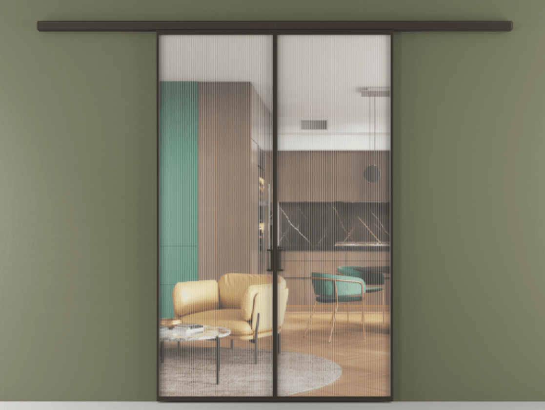 Перегородка Формато вдоль стены 2 створки АЛПР 040.01 Алюминий антрацит Рифлёное стекло "Мору", триплекс Цена 10390 AZE | Volhovec