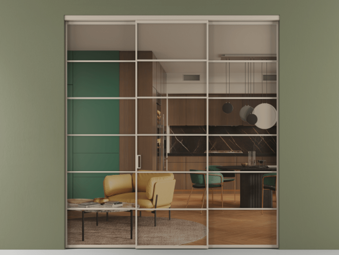 Перегородка Формато внутри проёма 3 створки АЛПР 040.04 Алюминий бисквитный Прозрачное бронзовое стекло, триплекс Цена 13280 AZE | Volhovec