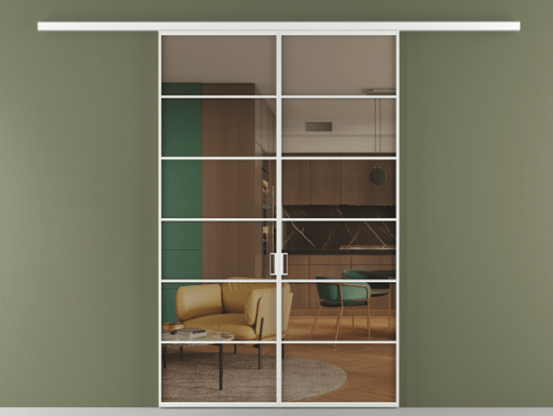 Перегородка Формато вдоль стены 2 створки АЛПР 040.04 Алюминий белоснежный Прозрачное бронзовое стекло, триплекс Цена 10800 AZE | Volhovec