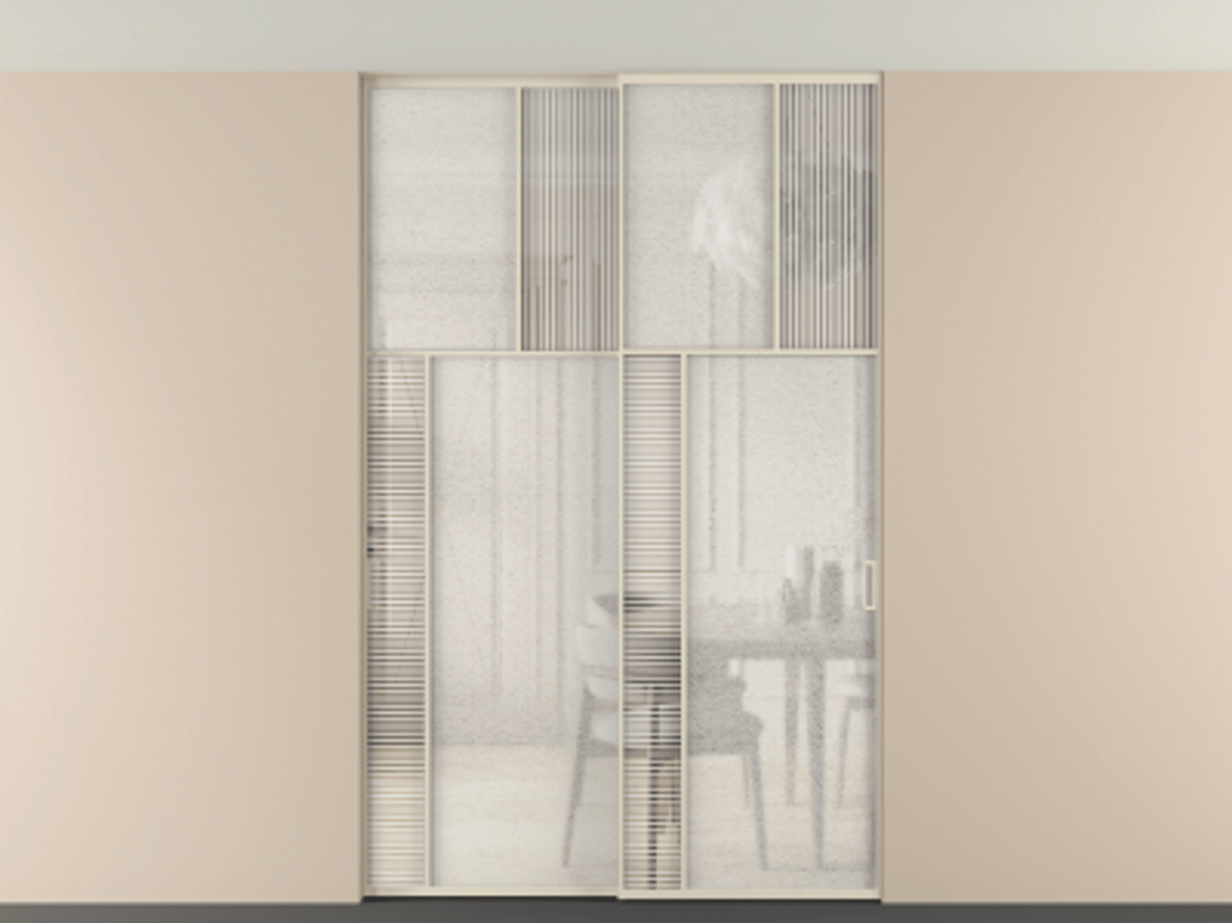 Перегородка Мозаик внутри проёма скрытое крепление в потолок 2 створки АЛПР 041.22 Алюминий бежево-серый Рифлёное стекло "Дюна", триплекс, 6 мм + Фактурное стекло "Лёд", триплекс. Цена 17750 AZE . Фабрика дверей Волховец 8 (800) 551 43 19 Перегородка Мозаик внутри проёма скрытое крепление в потолок 2 створки АЛПР 041.22 Алюминий бежево-серый Рифлёное стекло "Дюна", триплекс, 6 мм + Фактурное стекло "Лёд", триплекс Цена 17750 AZE | Volhovec