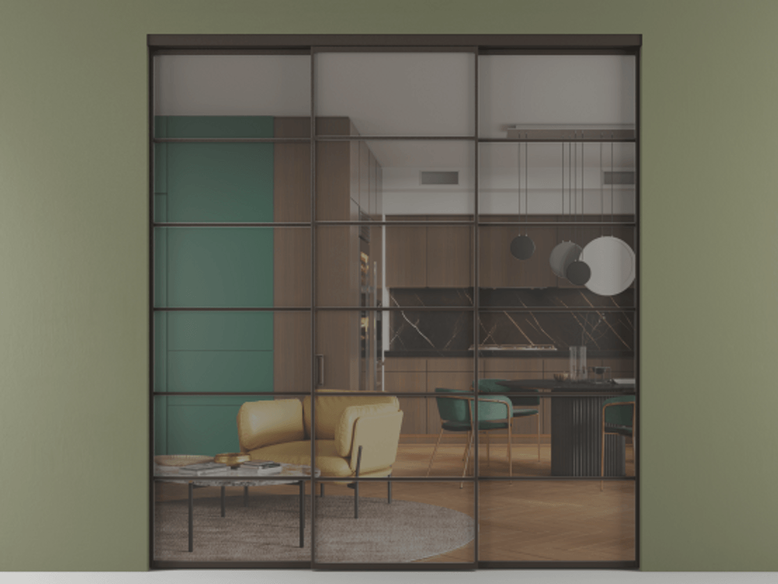 Перегородка Формато внутри проёма 3 створки АЛПР 040.04 Алюминий антрацит Прозрачное серое стекло, триплекс Цена 13280 AZE | Volhovec