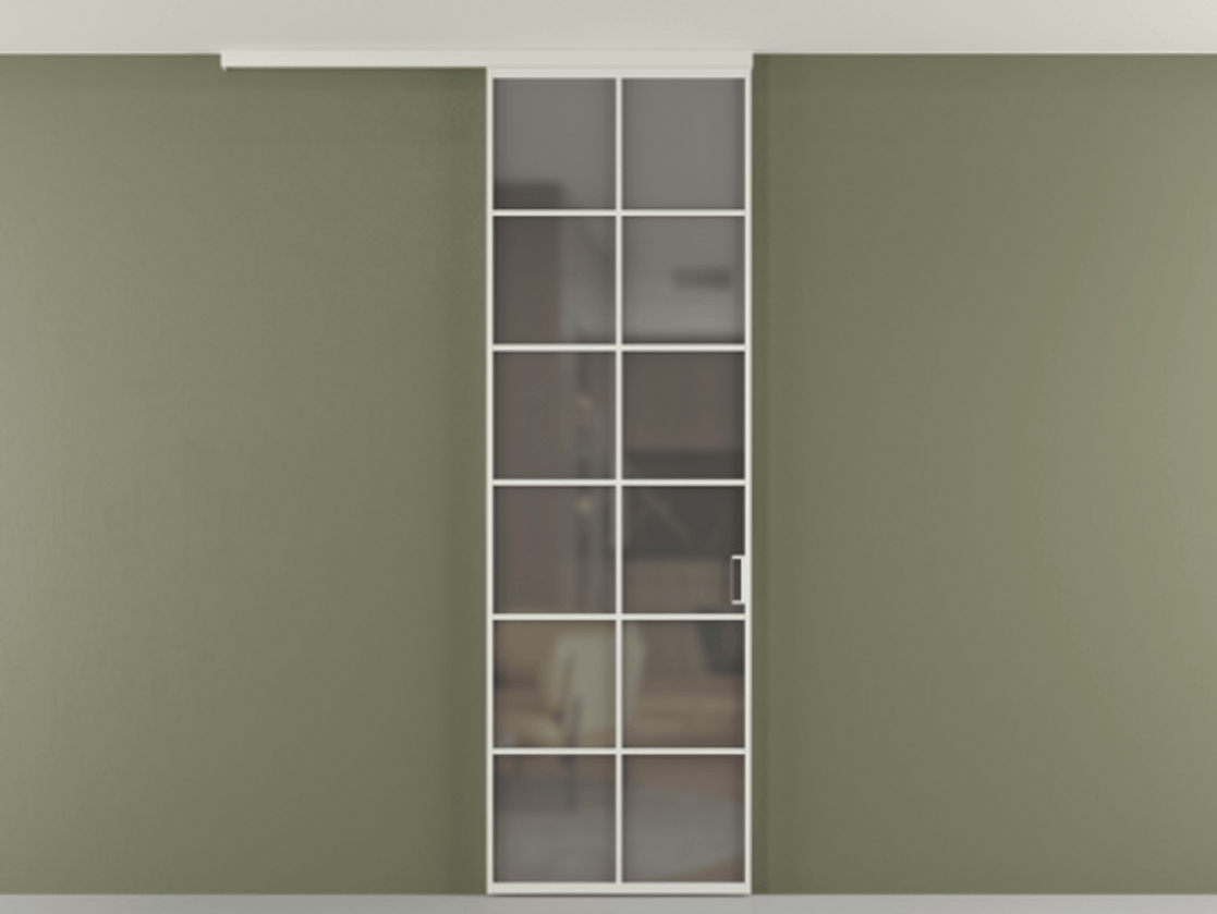 Перегородка Формато вдоль стены на потолок 1 створка АЛПР 040.05 Алюминий Белый Сатинированное серое стекло, триплекс Цена 5180 AZE | Volhovec