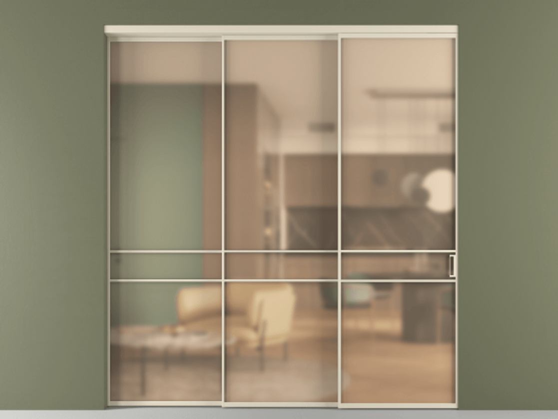 Перегородка Formato внутри проёма 3 створки с синхронным механизмом АЛПР 040.02 Алюминий бежево-серый Сатинированное оранжевое стекло, триплекс Цена 20300 AZE  | Volhovec