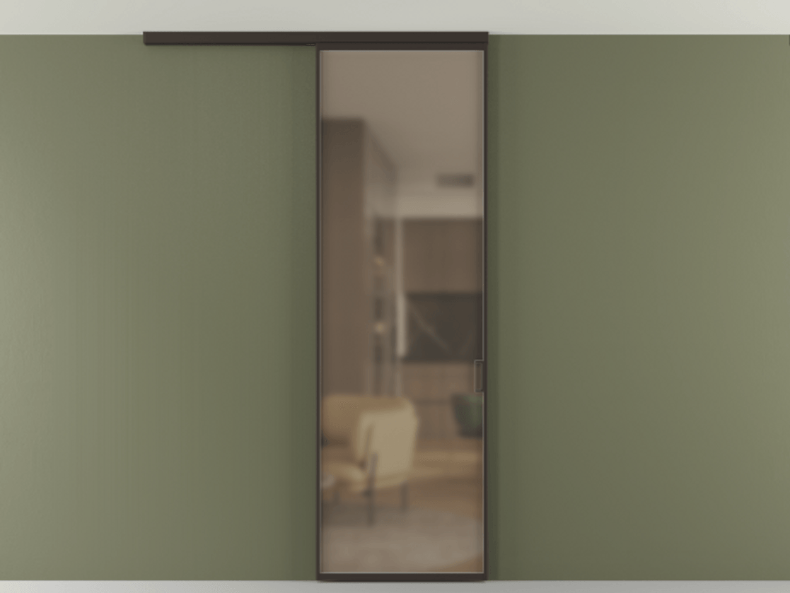 Перегородка Формато вдоль стены на потолок 1 створка АЛПР 040.01 Алюминий антрацит Сатинированное бронзовое стекло, триплекс Цена 4820 AZE | Volhovec