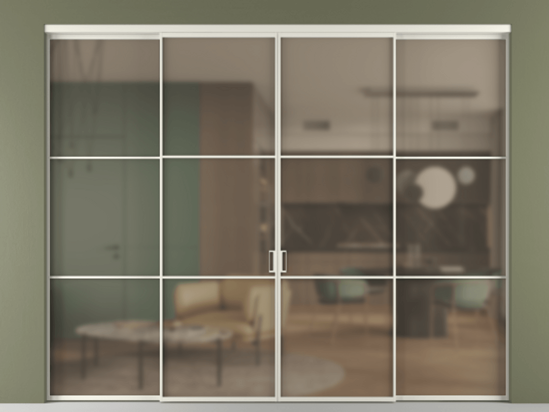 Перегородка Formato внутри проёма 4 створки АЛПР 040.03 Алюминий Белый Сатинированное бронзовое стекло, триплекс. Скрытый короб БЕЛ Цена 324000 ₽ 1. Полотно 4 шт. (800/2100 мм)
2. Комплект установки раздвижной системы
3. Базовый комплект фурнитуры
4.Ручка RONDO. Фабрика дверей Волховец 8 (800) 551 43 19 Перегородка Formato внутри проёма 4 створки АЛПР 040.03 Алюминий Белый Сатинированное бронзовое стекло, триплекс Цена 324000 ₽ | Volhovec