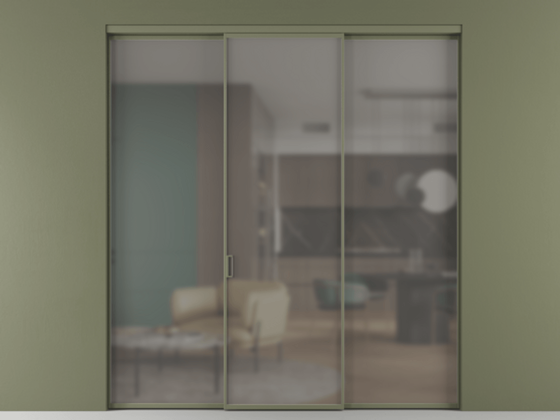 Перегородка Formato внутри проёма 3 створки АЛПР 040.01 Алюминий оливковый тёмный Сатинированное серое стекло, триплекс Цена 11730 AZE | Volhovec