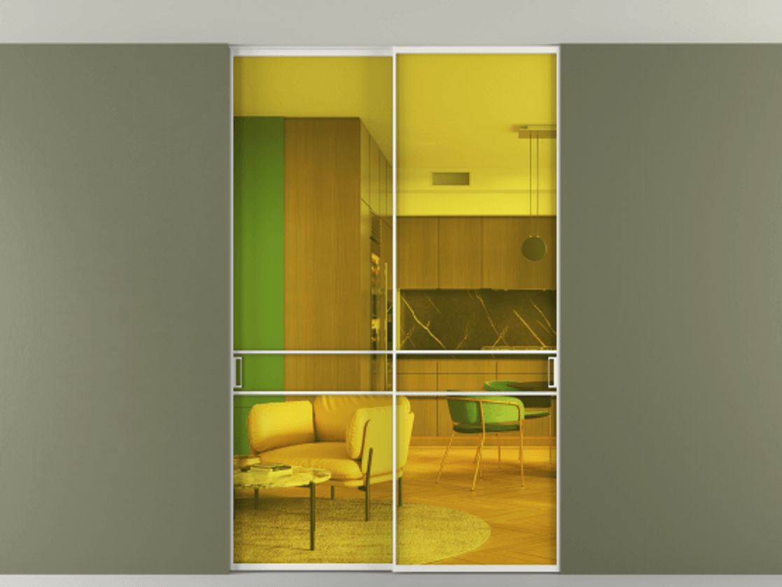 Перегородка Formato внутри проёма скрытое крепление в потолок 2 створки АЛПР 040.02 Алюминий светло-серый Прозрачное жёлтое стекло, триплекс Цена 13400 AZE | Volhovec