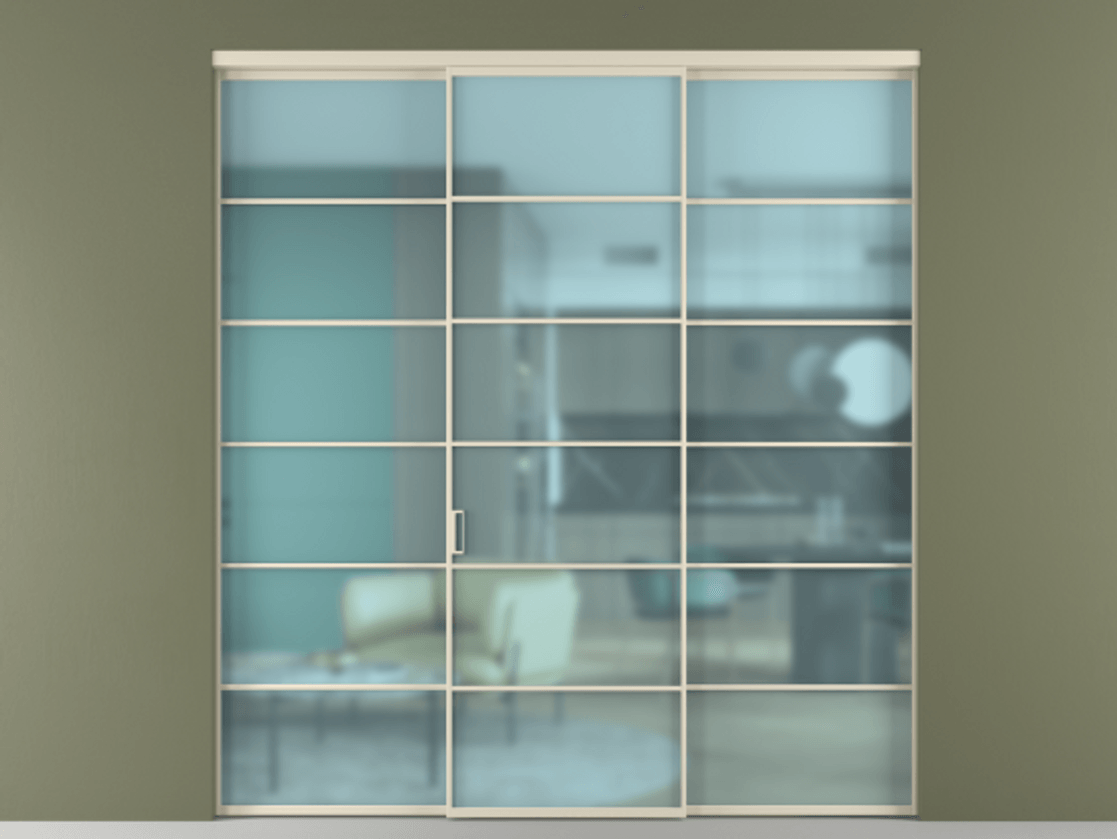 Перегородка Формато внутри проёма 3 створки АЛПР 040.04 Алюминий бежево-серый Сатинированное голубое стекло, триплекс Цена 13900 AZE | Volhovec