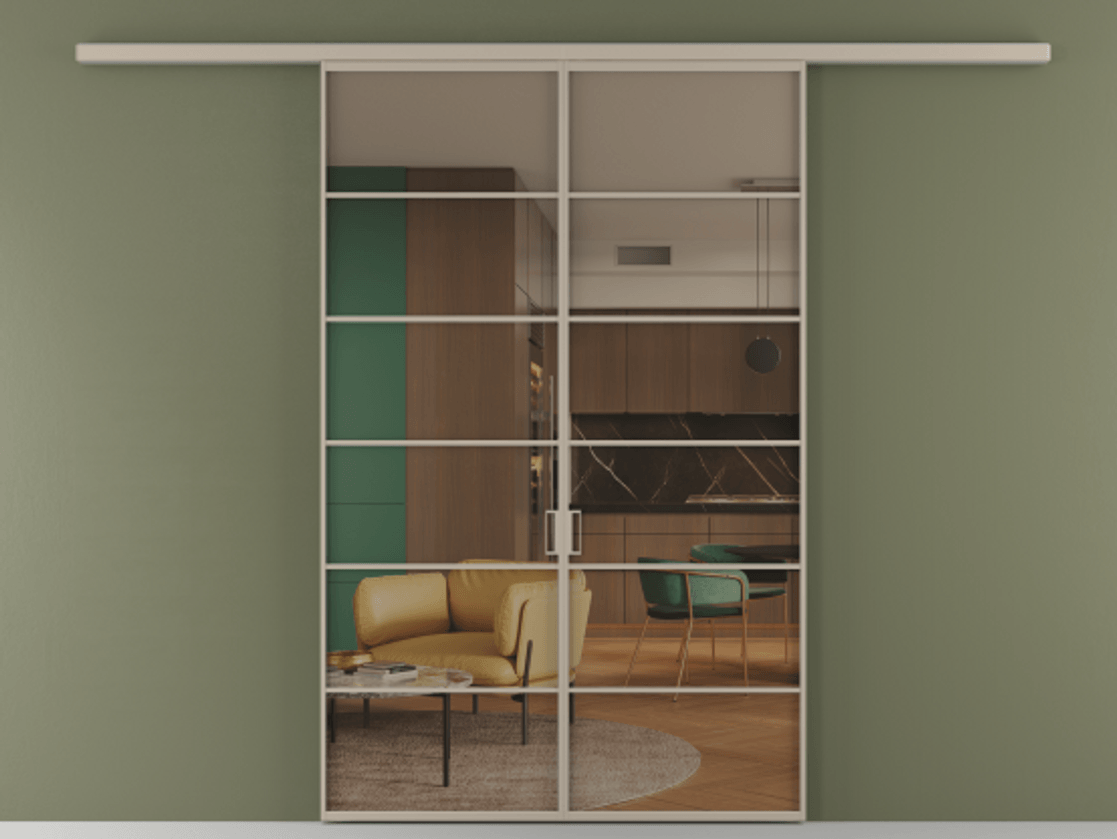 Перегородка Формато вдоль стены 2 створки АЛПР 040.04 Алюминий бисквитный Прозрачное бронзовое стекло, триплекс Цена 10800 AZE | Volhovec