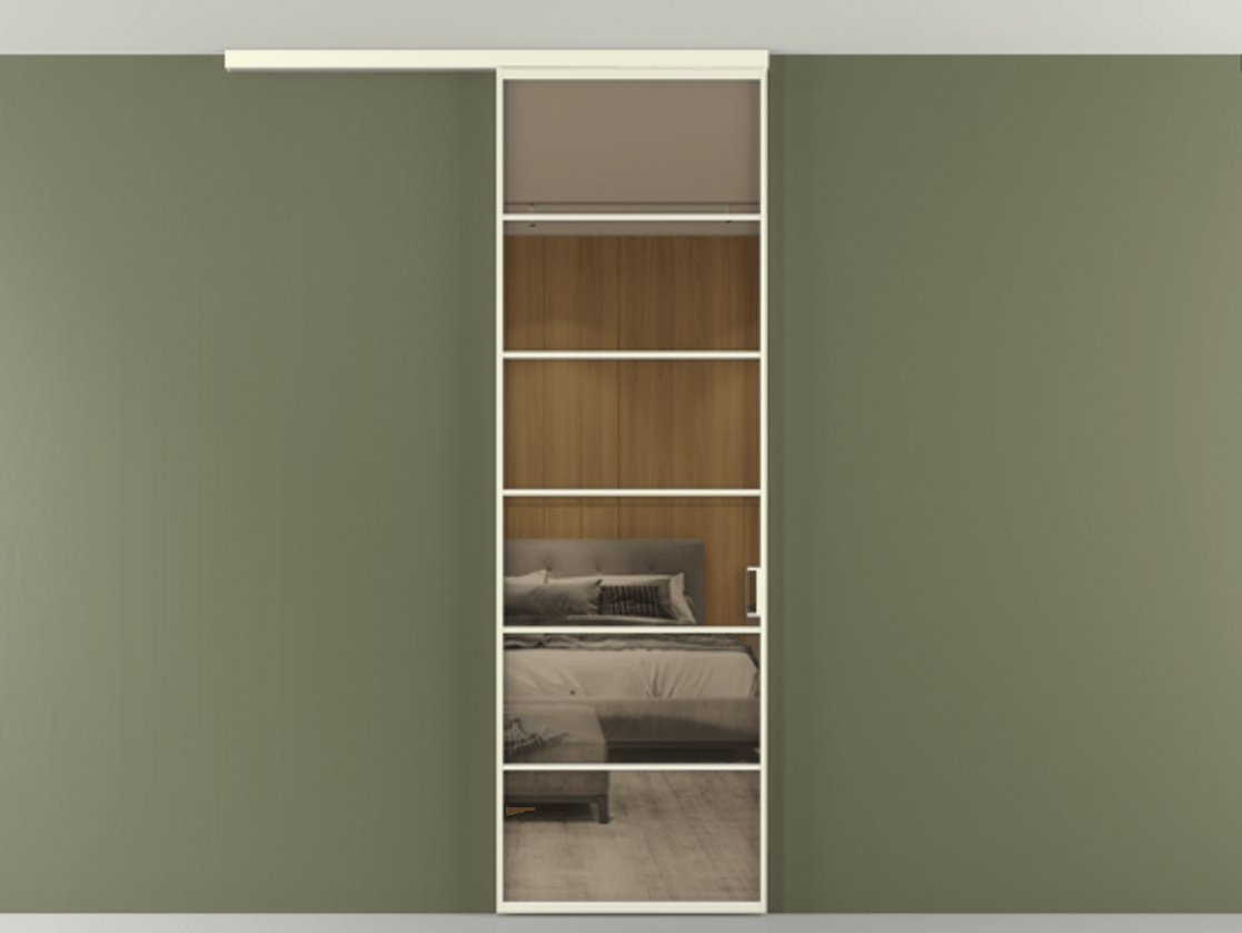 Перегородка Формато вдоль стены на потолок 1 створка АЛПР 040.04 Алюминий молочно-белый Рефлективное бронзовое стекло "Стопсол", калёное Цена 6990 AZE | Volhovec