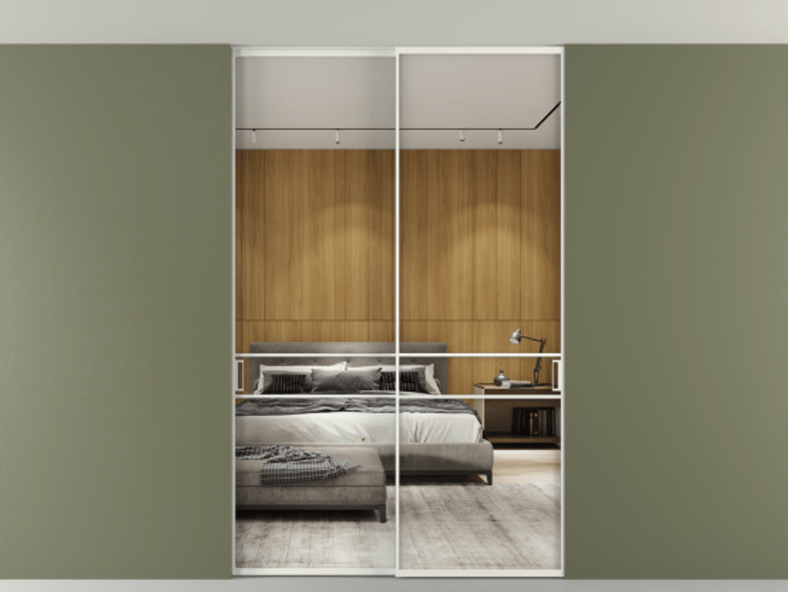 Перегородка Formato внутри проёма скрытое крепление в потолок 2 створки АЛПР 040.02 Алюминий светло-серый Двустороннее зеркало, триплекс , триплекс 6 мм Цена 12940 AZE | Volhovec