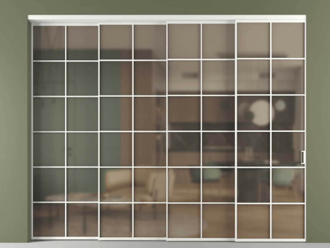 Перегородка Формато внутри проёма 4 створки с синхронным механизмом АЛПР 040.05 Алюминий светло-серый Сатинированное бронзовое стекло, триплекс. Цена 25470 AZE 1. Полотно 4 шт. (800/2100 мм)
2. Комплект установки раздвижной системы
3. Базовый комплект фурнитуры
4. Комплект фурнитуры телескопик синхро-3
5. Ручка Рондо. Фабрика дверей Волховец 8 (800) 551 43 19 Перегородка Формато внутри проёма 4 створки с синхронным механизмом АЛПР 040.05 Алюминий светло-серый Сатинированное бронзовое стекло, триплекс Цена 25470 AZE | Volhovec