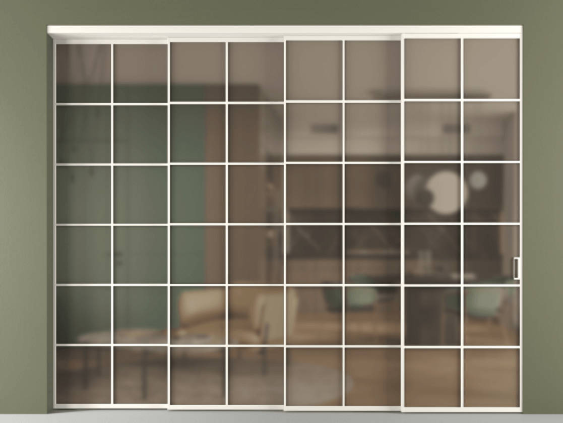 Перегородка Формато внутри проёма 4 створки с синхронным механизмом АЛПР 040.05 Алюминий пудровый белый Сатинированное бронзовое стекло, триплекс Цена 25470 AZE | Volhovec