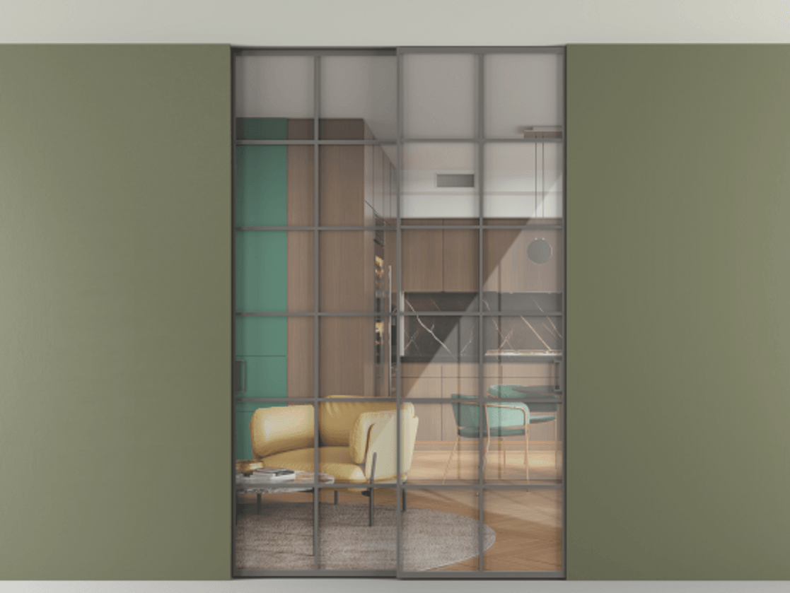 Перегородка Формато внутри проёма скрытое крепление в потолок 2 створки АЛПР 040.05 Алюминий классический серый Рефлективное прозрачное стекло "Стопсол", калёное Цена 16820 AZE | Volhovec