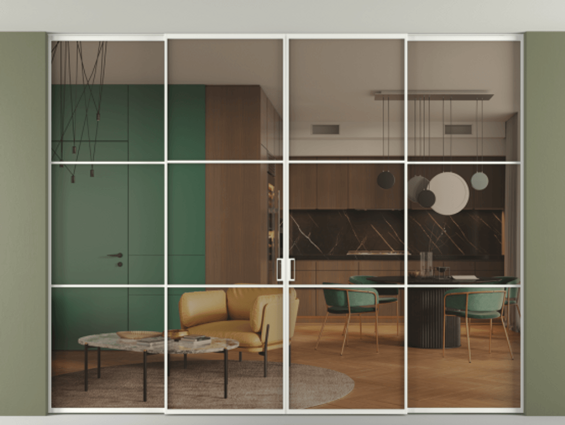 Перегородка Формато внутри проёма скрытое крепление в потолок 4 створки АЛПР 040.03 Алюминий светло-серый Прозрачное бронзовое стекло, триплекс Цена 22960 AZE | Volhovec