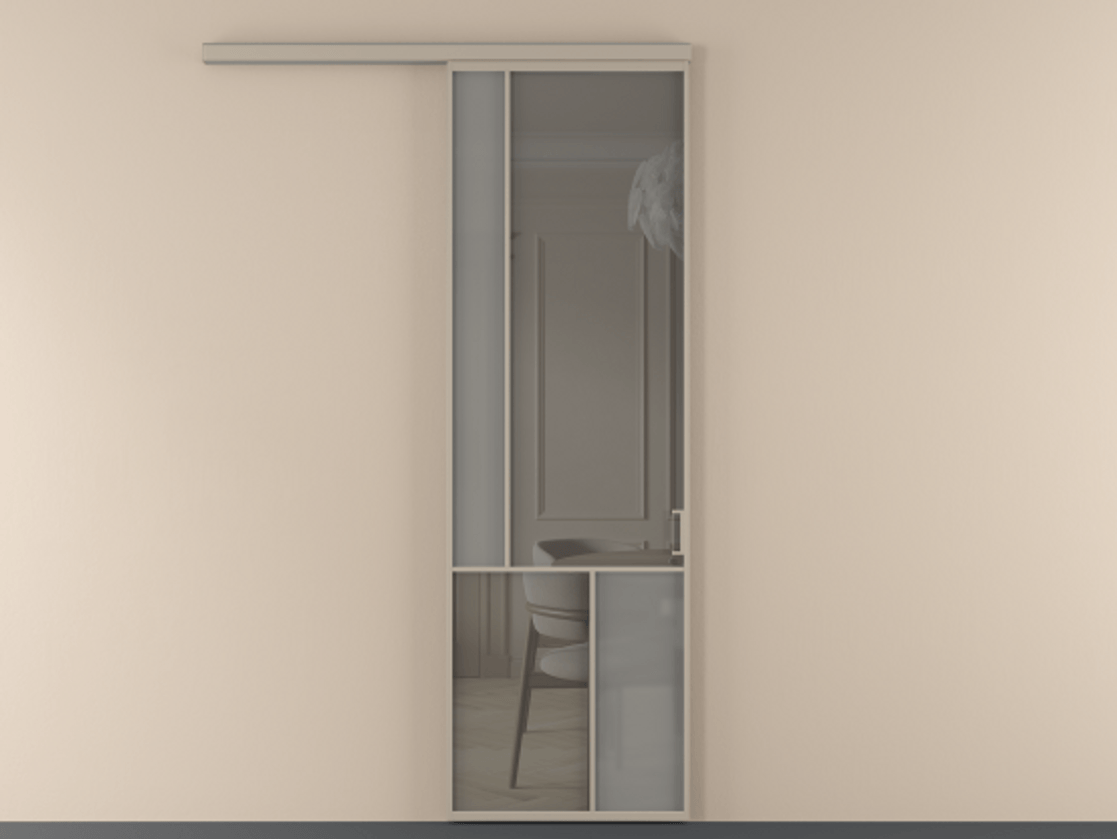 Перегородка Mosaic вдоль стены 1 створка АЛПР 041.20 Алюминий бисквитный Сатинированное серое стекло, триплекс, 6 мм + Прозрачное серое стекло, триплекс Цена 7140 AZE | Volhovec