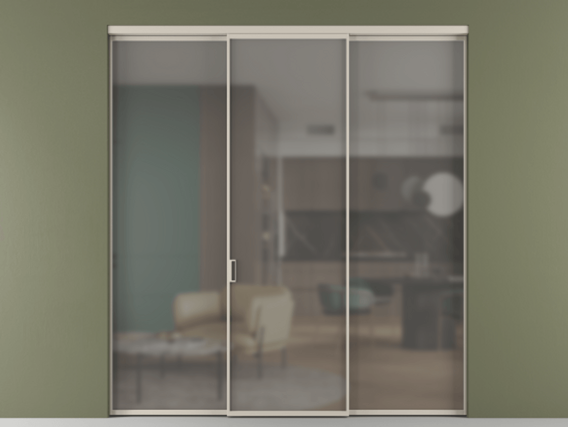 Перегородка Formato внутри проёма 3 створки АЛПР 040.01 Алюминий светло-бежевый Сатинированное серое стекло, триплекс Цена 11730 AZE | Volhovec