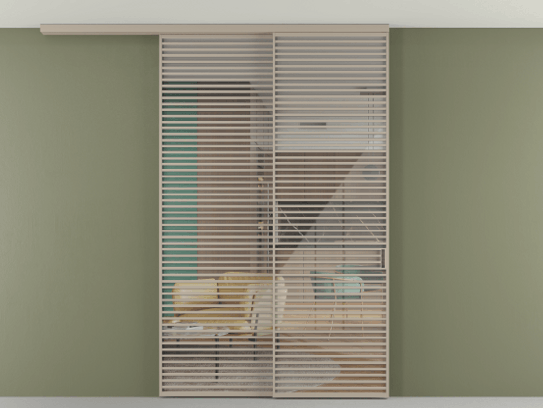 Перегородка Формато вдоль стены на потолок 2 створки с синхронным механизмом АЛПР 040.07 Алюминий бисквитный Рефлективное прозрачное стекло "Стопсол", калёное Цена 24150 AZE | Volhovec