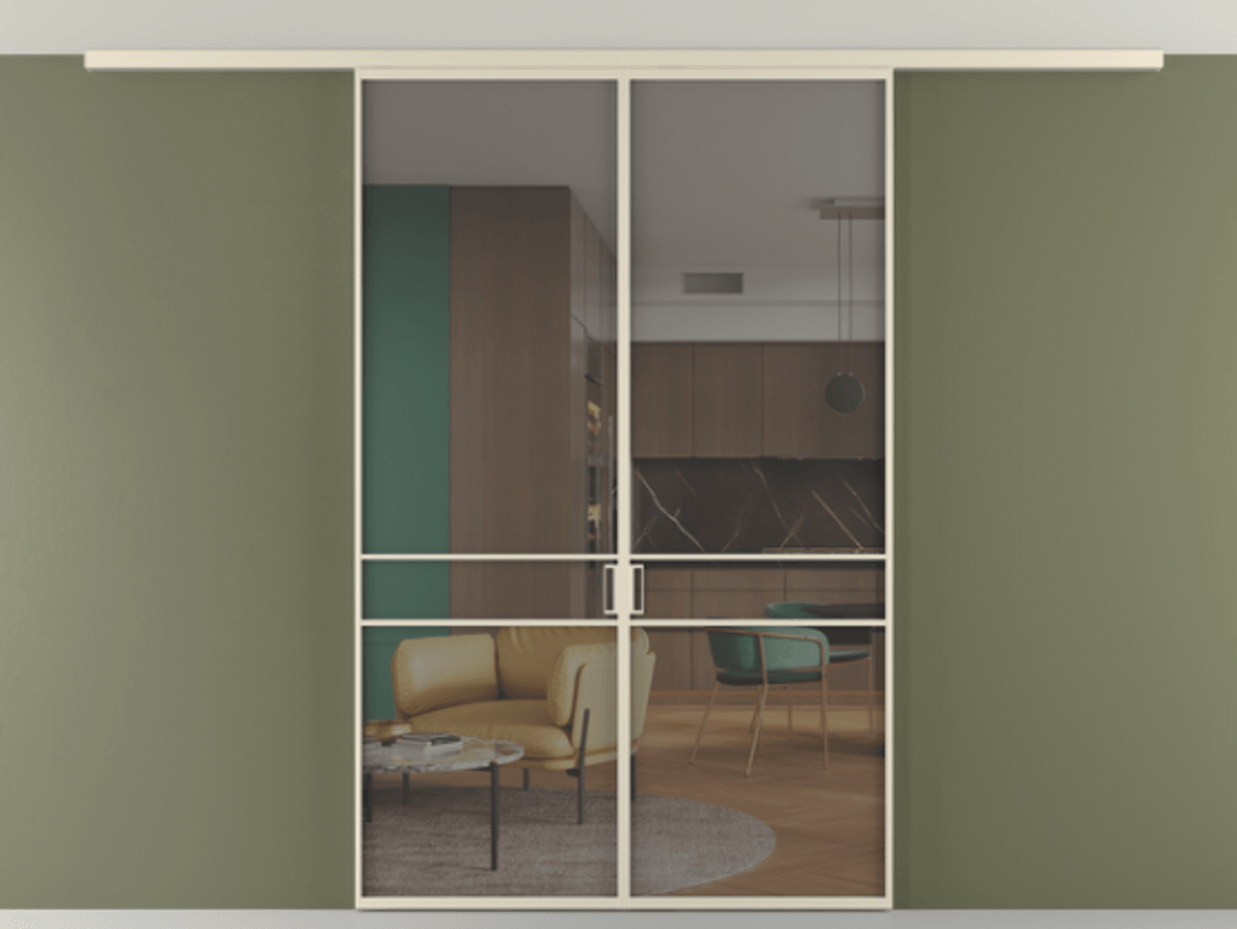 Перегородка Формато вдоль стены на потолок 2 створки АЛПР 040.02 Алюминий бежево-серый Прозрачное серое стекло, триплекс Цена 11880 AZE | Volhovec