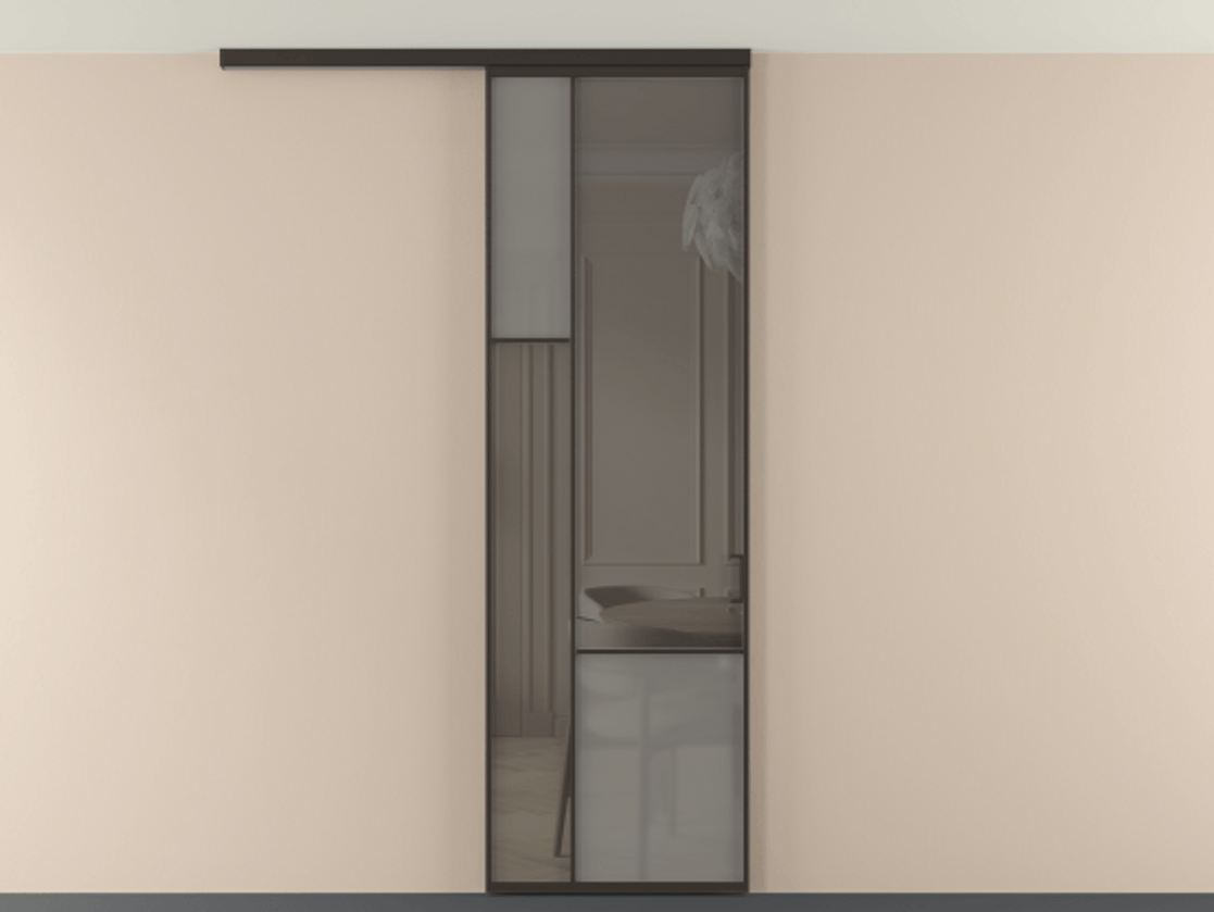 Перегородка Мозаик вдоль стены на потолок 1 створка АЛПР 041.13 Алюминий антрацит Сатинированное серое стекло, триплекс, 6 мм + Прозрачное серое стекло, триплекс Цена 7040 AZE | Volhovec