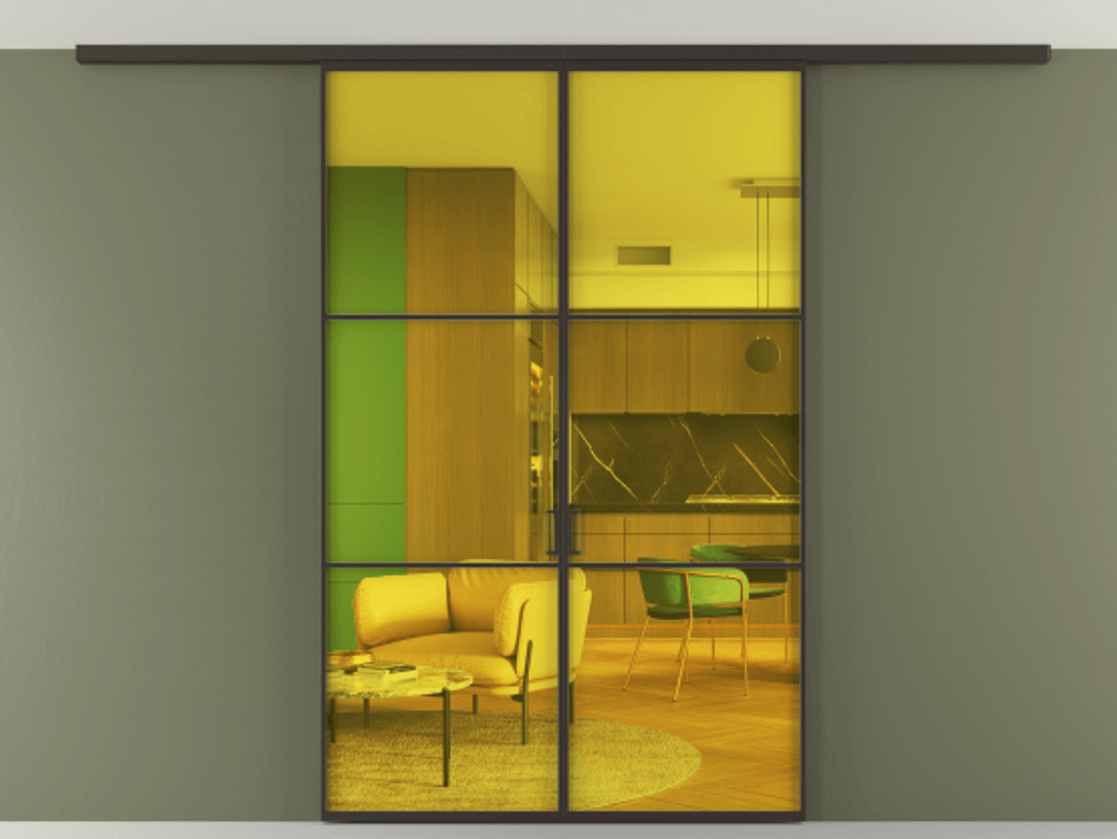 Перегородка Формато вдоль стены на потолок 2 створки АЛПР 040.03 Алюминий антрацит Прозрачное жёлтое стекло, триплекс Цена 10200 AZE | Volhovec