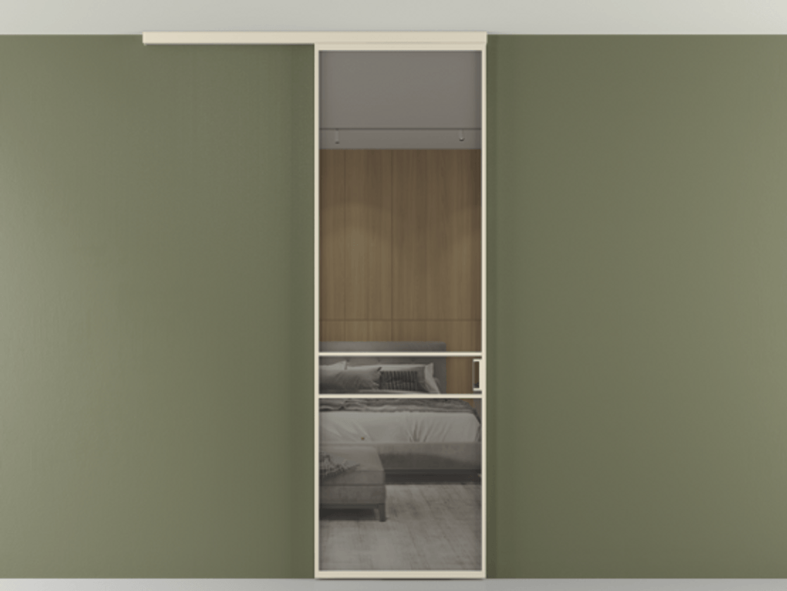 Перегородка Formato вдоль стены на потолок 1 створка АЛПР 040.02 Алюминий бежево-серый Рефлективное серое стекло "Stopsol", калёное Цена 6540 AZE | Volhovec