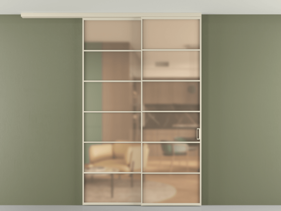 Перегородка Формато вдоль стены на потолок 2 створки с синхронным механизмом АЛПР 040.04 Алюминий бежево-серый Сатинированное оранжевое стекло, триплекс Цена 15200 AZE | Volhovec