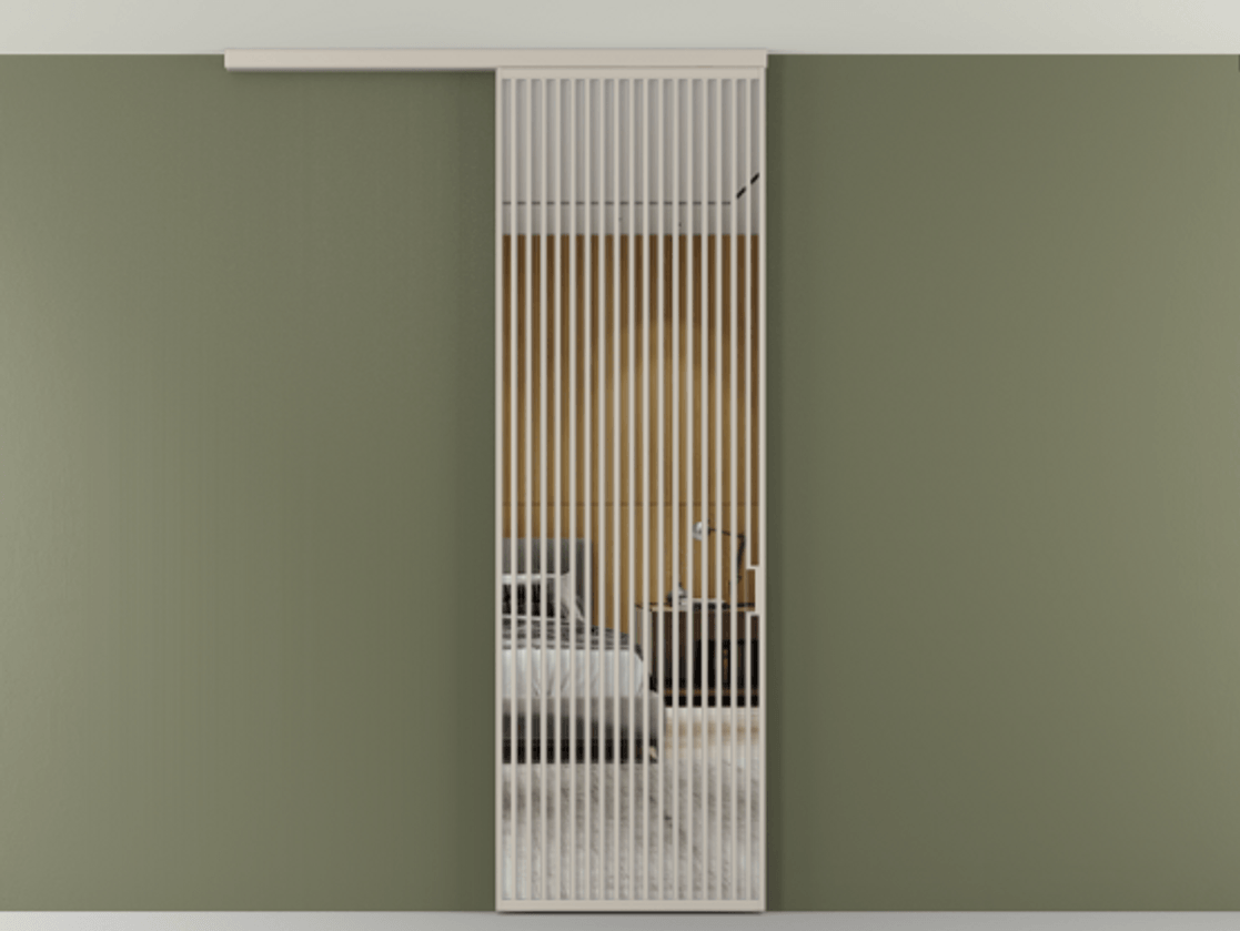 Перегородка Формато вдоль стены на потолок 1 створка АЛПР 040.06 Алюминий светло-бежевый Двустороннее зеркало, триплекс , триплекс 6 мм Цена 9760 AZE | Volhovec