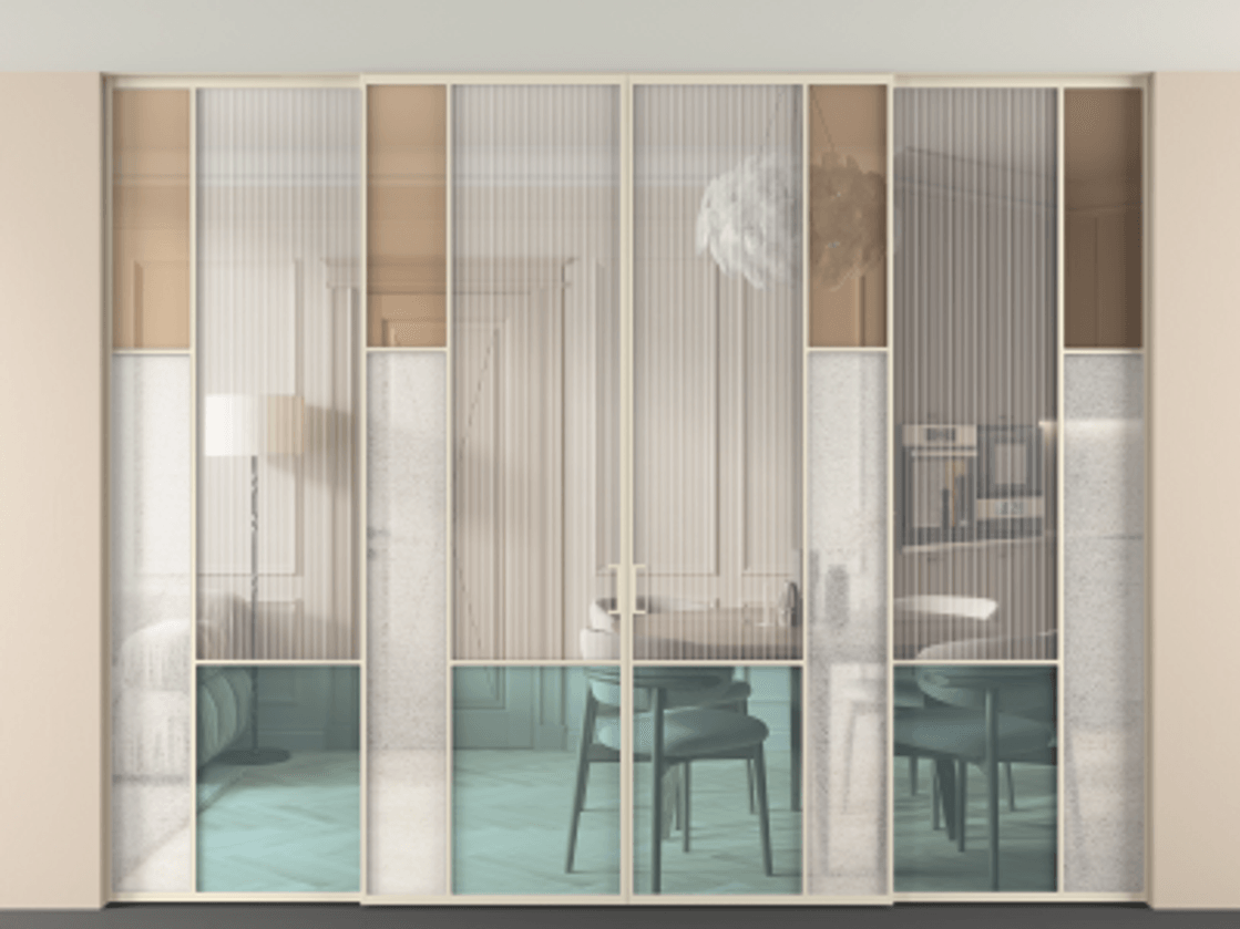 Перегородка Mosaic внутри проёма скрытое крепление в потолок 4 створки АЛПР 041.12 Алюминий бежево-серый Комбинация стекол Группы 1 и Группы 3 Цена 32200 AZE | Volhovec