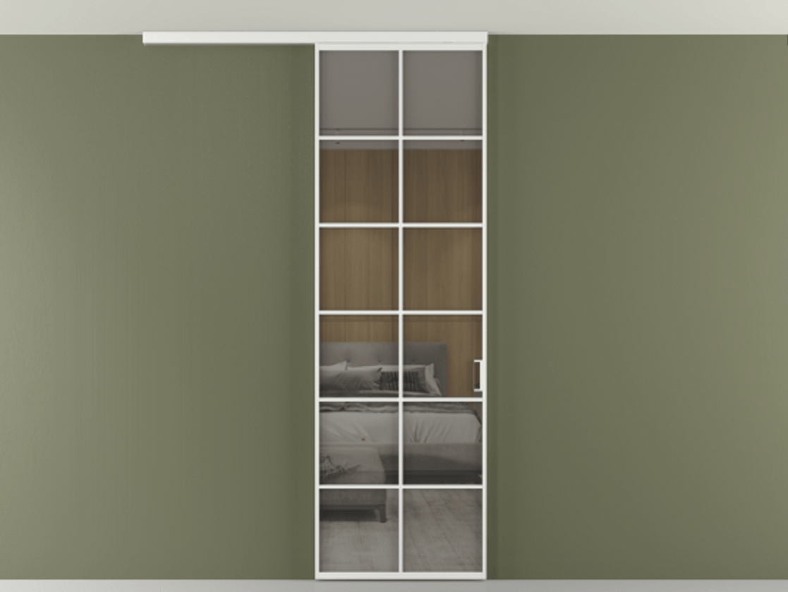 Перегородка Формато вдоль стены на потолок 1 створка АЛПР 040.05 Алюминий белоснежный Рефлективное серое стекло "Стопсол", калёное Цена 5960 AZE | Volhovec