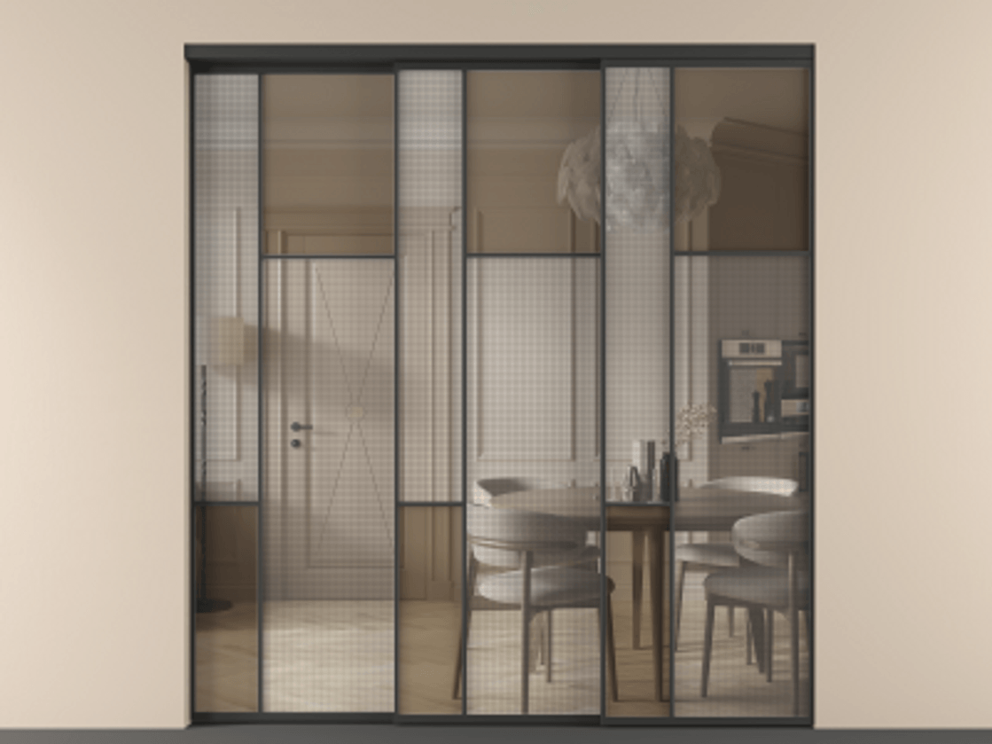 Перегородка Mosaic внутри проема телескопик синхро-3 АЛПР 041.11 Алюминий Черный Mesh silver + Бронза прозрачное триплекс Цена 21070 AZE | Volhovec