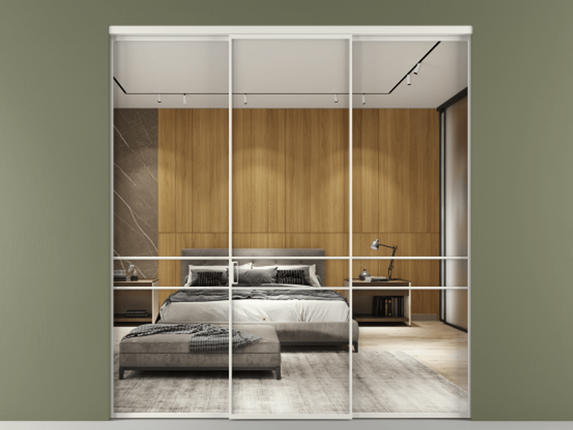 Перегородка Формато внутри проёма 3 створки АЛПР 040.02 Алюминий серый Двустороннее зеркало, триплекс , триплекс 6 мм Цена 12370 AZE | Volhovec