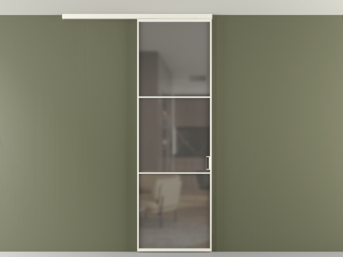 Перегородка Формато вдоль стены на потолок 1 створка АЛПР 040.03 Алюминий жемчужный Сатинированное серое стекло, триплекс Цена 5260 AZE | Volhovec